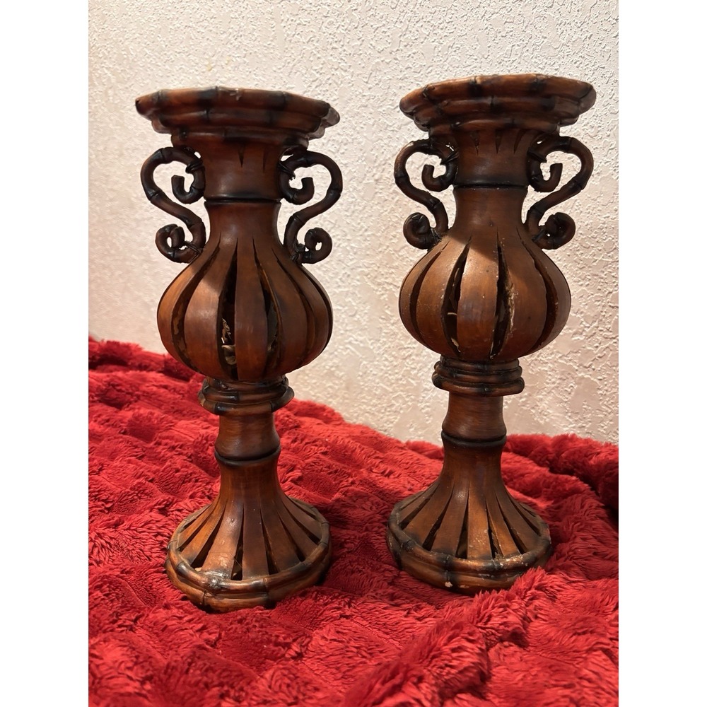 10" Pair Faux Bamboo Wooden Taper Candle Home Decor Rustic Scroll Accents